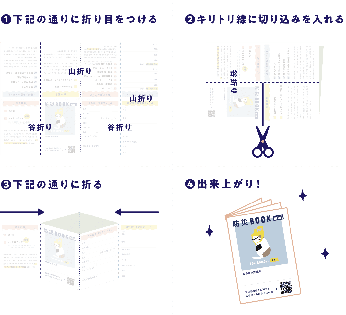 １．下記の通りに折り目をつける ２．キリトリ線に切り込みを入れる ３．下記の通りに折る ４．出来上がり！