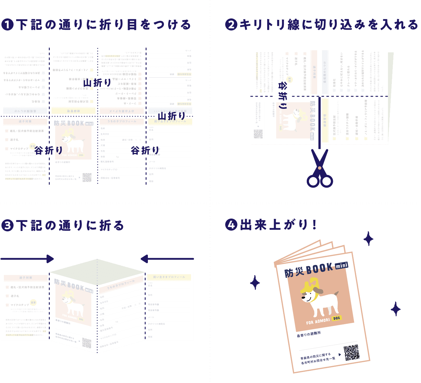 １．下記の通りに折り目をつける ２．キリトリ線に切り込みを入れる ３．下記の通りに折る ４．出来上がり！