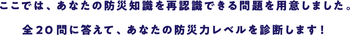 ここでは、あなたの防災知識を再認識できる問題を用意しました。全20問に答えて、あなたの防災力レベルを診断します！