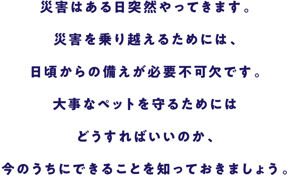 災害はある日突然やってきます。災害を乗り越えるためには、日ごろからの備えが必要不可欠です。大事なペットを守るためにはどうすればいいのか、今のうちにできることを知っておきましょう。同行避難や災害を乗り越えるためのキホンの防災について学んでいきましょう。