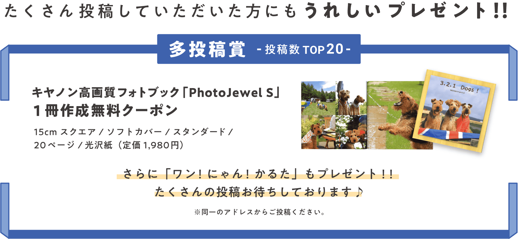 たくさん投稿していただいた方にもうれしいプレゼント！！ 多投稿賞-投稿数TOP20-：キヤノン高画質フォトブック「PhotoJewel S」1冊作成無料クーポン さらに「ワン！にゃん！かるた」もプレゼント！！たくさんの投稿お待ちしております♪　※同一のアドレスからご投稿ください。