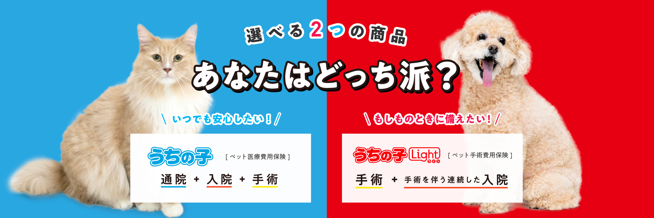 選べる2つの商品あなたはどっち派？いつでも安心したい「うちの子」もしものときに備えたい！「うちの子ライト」